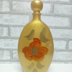 Murano Painted Art Glass Decanter Bottle Red Flower with Stopper Gold Yellow